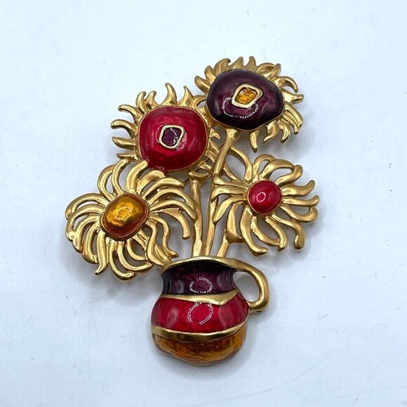 Vintage Yves Saint Laurent Avon 70s Van Gogh Sunflowers Enamel Gold Brooch Pin - Picture 1 of 7